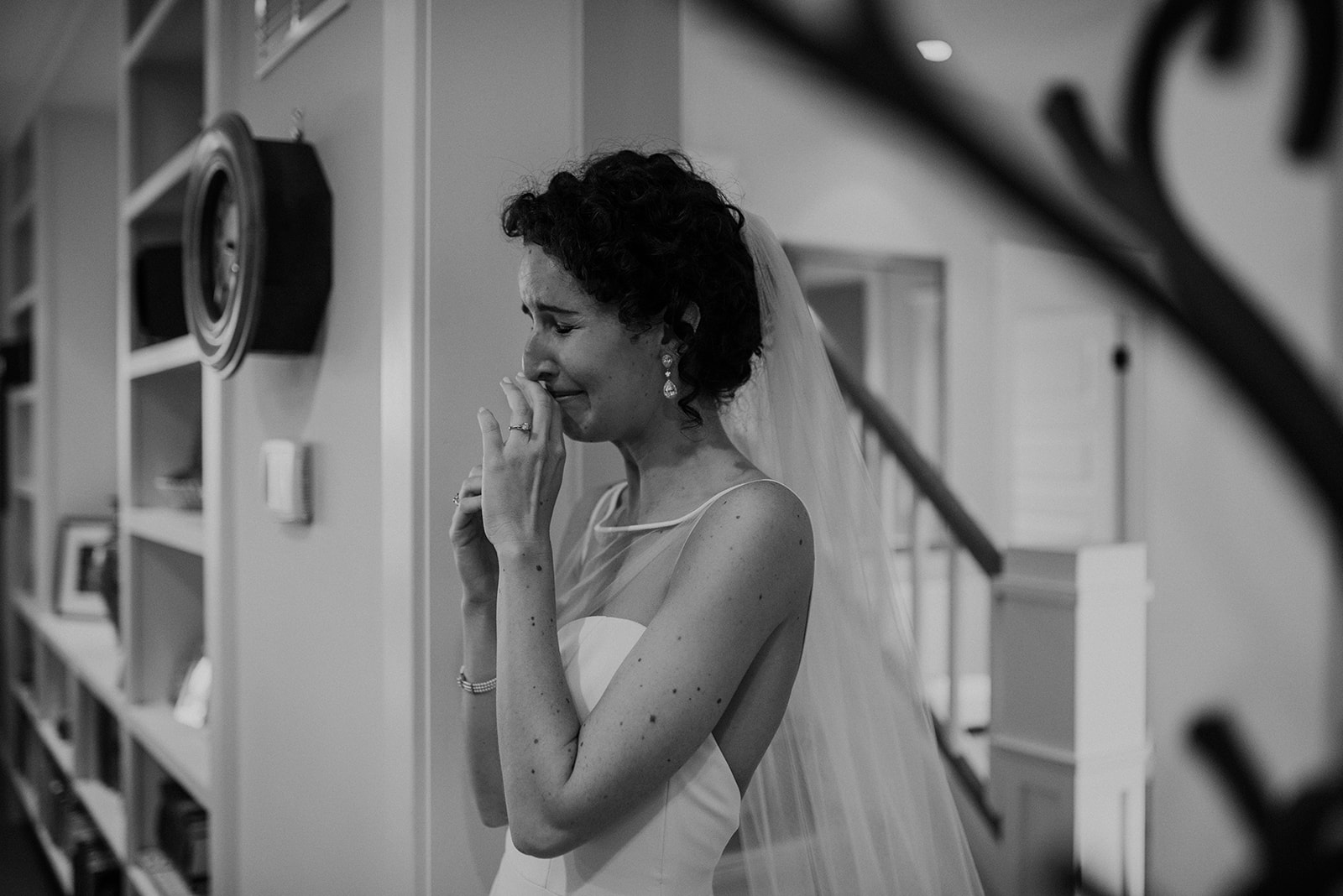 A bride tears up before walking down the aisle at her outdoor wedding ceremony at Blue Hill Farm in Waterford, VA. 