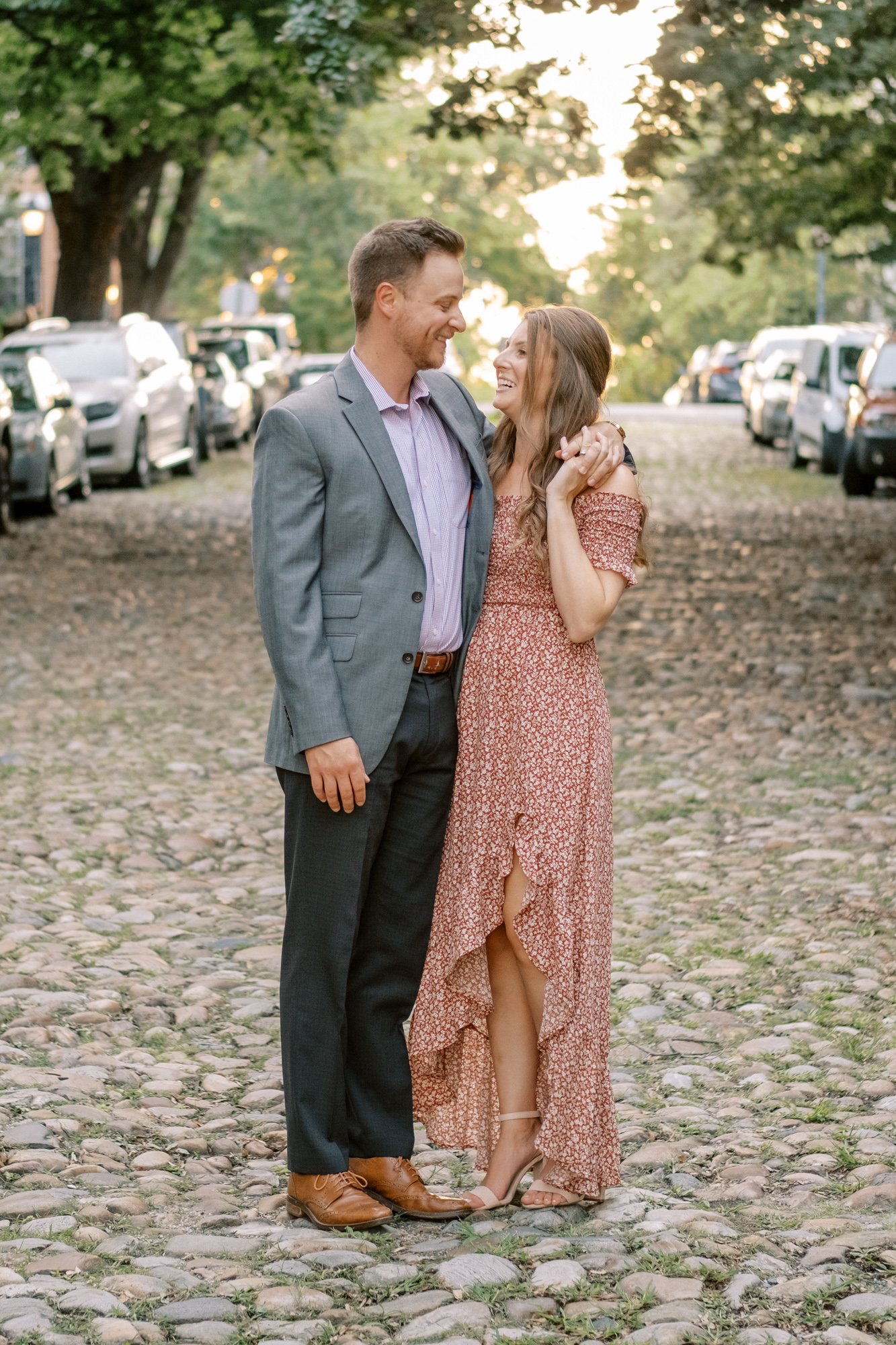 Old town Alexandria engagement portrait at cobblestone street