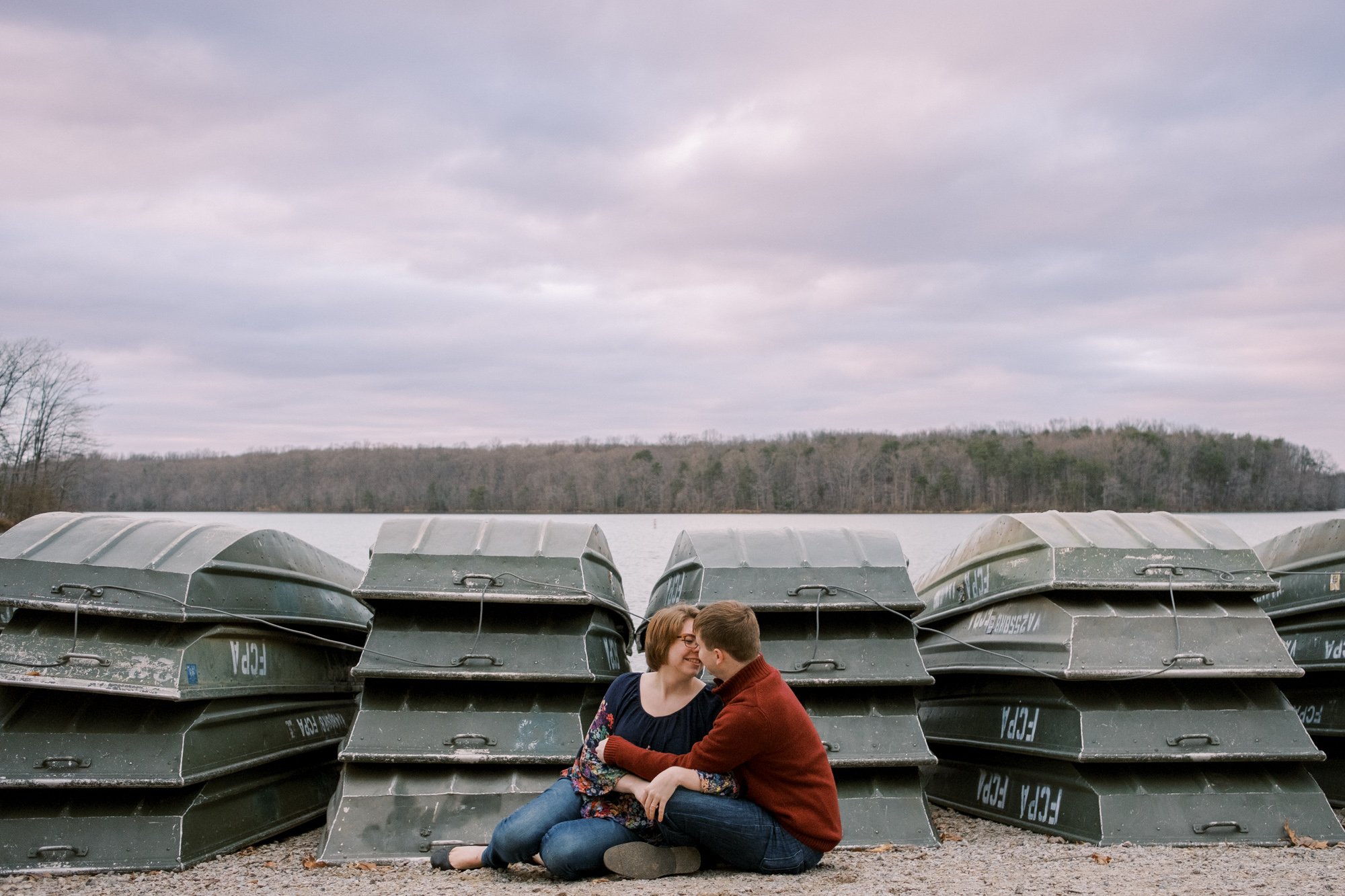 Burke lake boat stacks engagement portrait